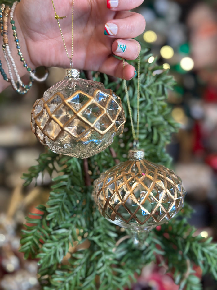 Clear and Gold Set of 2 Glass Diamond Pattern Ornaments