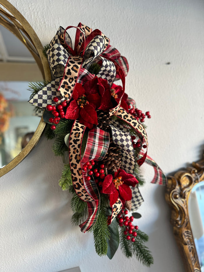 Harlequin, Leopard, and Plaid Red Poinsettia Swag