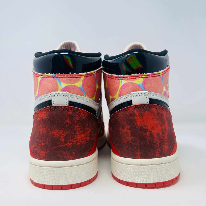 Jordan 1 High Spider-Man sneaker with red and black web-like detailing on display box.