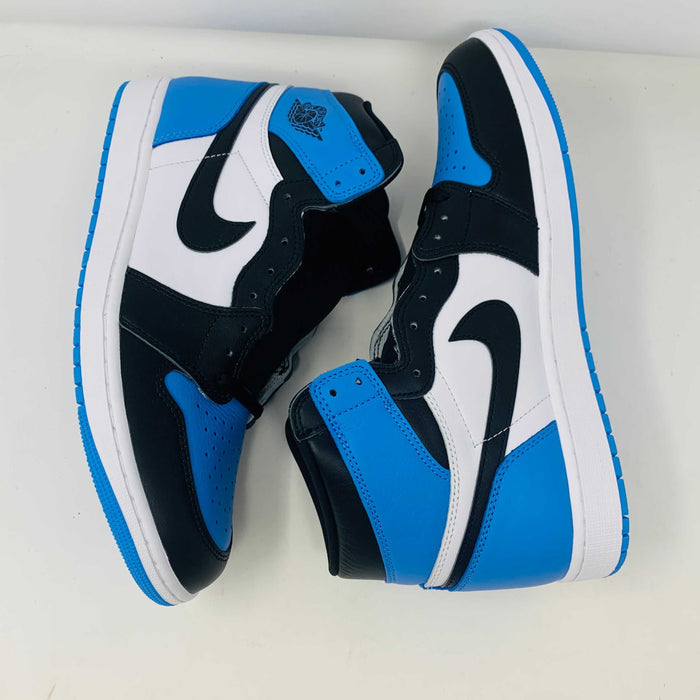 Jordan 1 High UNC Toe sneakers in blue and white with black Nike swoosh, high-top design.