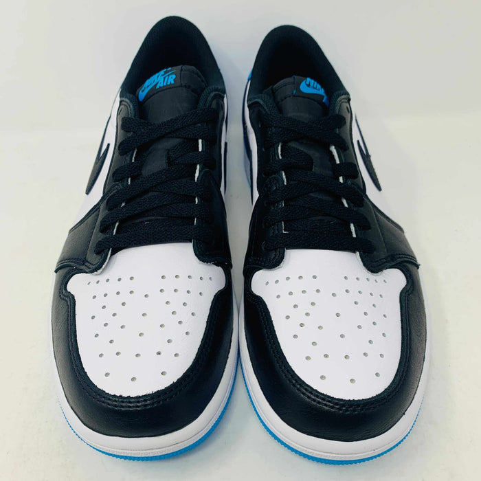 Jordan 1 Low OG Powder Blue sneakers with black and white design, extra blue laces, 2022 release.