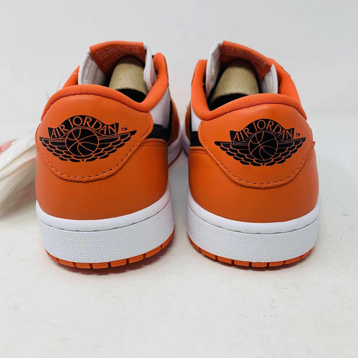 A pair of BRAND NEW Jordan 1 Low Starfish sneakers is displayed, viewed from the front. The orange and white shoes have black laces, a perforated white toe box, and the 100% Authentic Jordan logo is visible on the tongue.