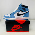 Jordan 1 University Blue sneakers brand new with extra blue laces, displayed on Nike box.