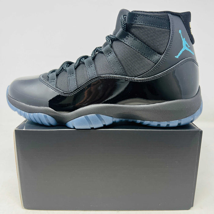 Jordan 11 Retro Gamma Blue 2025 sneaker in black and blue on box, brand new condition
