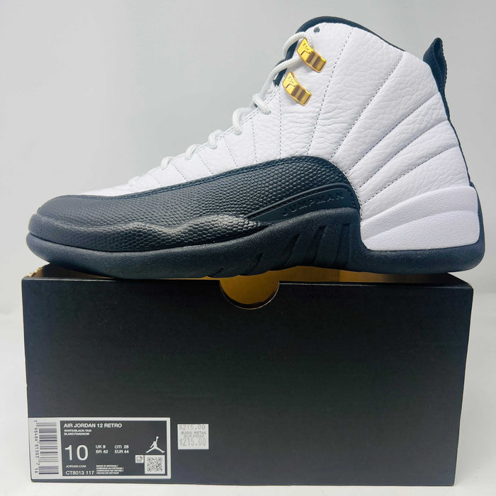 Jordan 12 Retro Taxi 2025 sneaker in white and black on box size 10