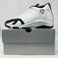 Jordan 14 Retro Black Toe 2024 sneaker in white black and red on gray box