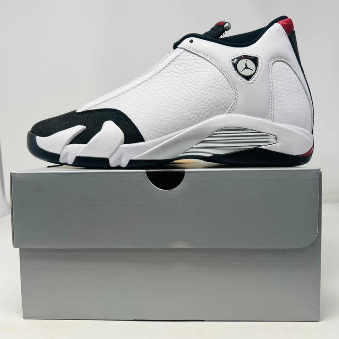 Jordan 14 Retro Black Toe 2024 sneaker in white black and red on gray box