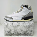Jordan 3 A Ma Maniere sneaker in white and grey with premium leather, displayed on branded box