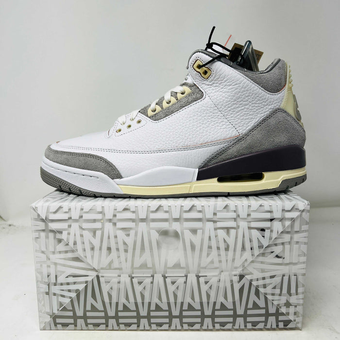 Jordan 3 A Ma Maniere sneaker in white and grey with premium leather, displayed on branded box