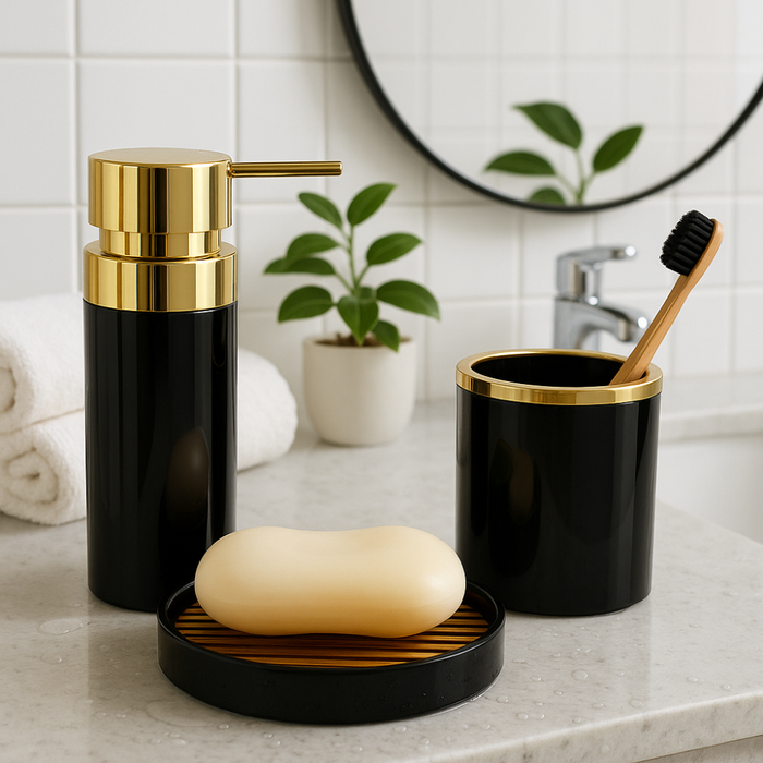 bathroom set contents and components flat lay