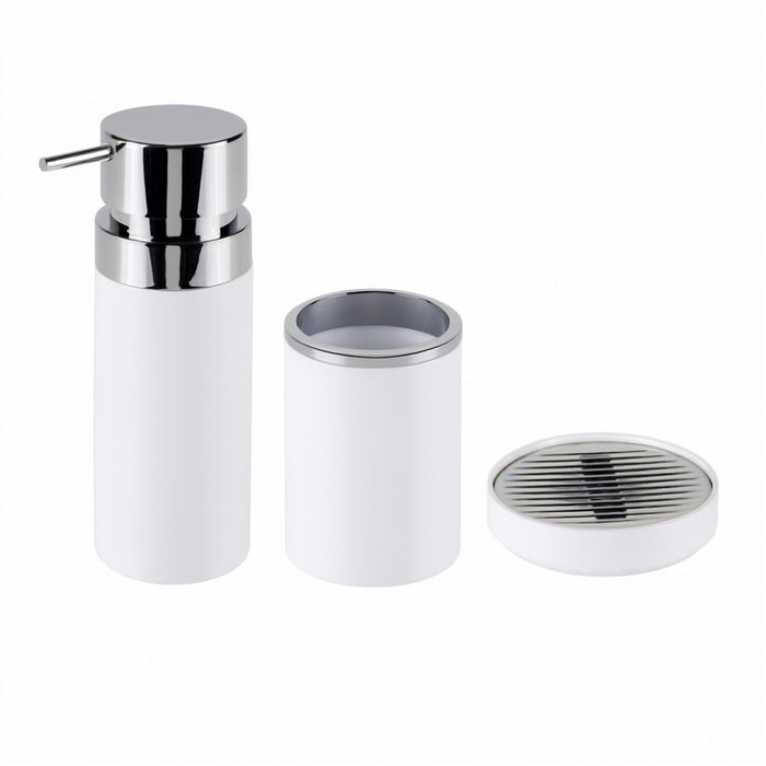 3 Piece Rounded Bathroom Set with Silver Ring and Soap Pump