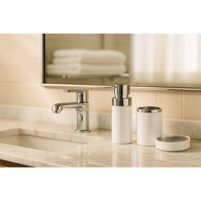 bathroom set contents and components flat lay