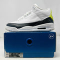 Jordan 3 Retro Fragment white black neon yellow sneaker on blue box 2020 model