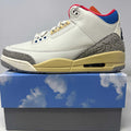 Jordan 3 Retro Seoul 2.0 sneaker in white with blue and red accents on cloud-design box, brand new 2025 edition