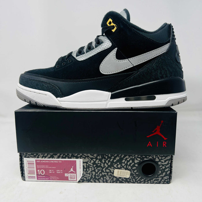 Jordan 3 Retro Tinker Black Cement Gold sneaker on box with black, grey, and gold details, 2019 model, used condition