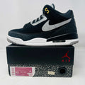 Jordan 3 Retro Tinker Black Cement Gold sneaker on box with black, grey, and gold details, 2019 model, used condition