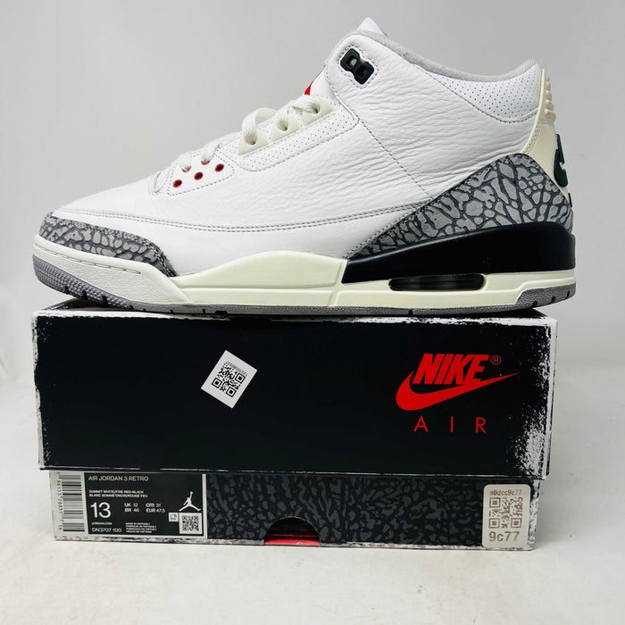Jordan 3 Retro White Cement sneaker on Nike Air box with clean uppers and light star loss, 2023 model