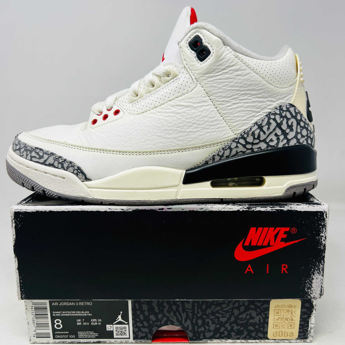 Jordan 3 Retro White Cement sneaker with clean uppers and slight yellowing on box.