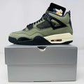 Jordan 4 Retro OG SP Undefeated sneaker in olive green and black on gray box, new condition with hang tag 2025
