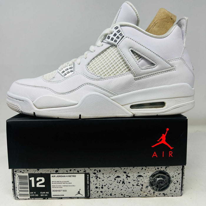 White Jordan 4 Retro Pure Money 2017 sneaker side view on box with red Jumpman logo