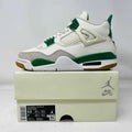Jordan 4 Retro SB Pine Green sneaker on box with white, green, and gray colorway, 2023 release