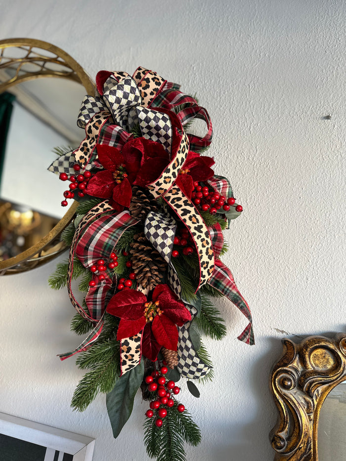 Harlequin, Leopard, and Plaid Red Poinsettia Swag