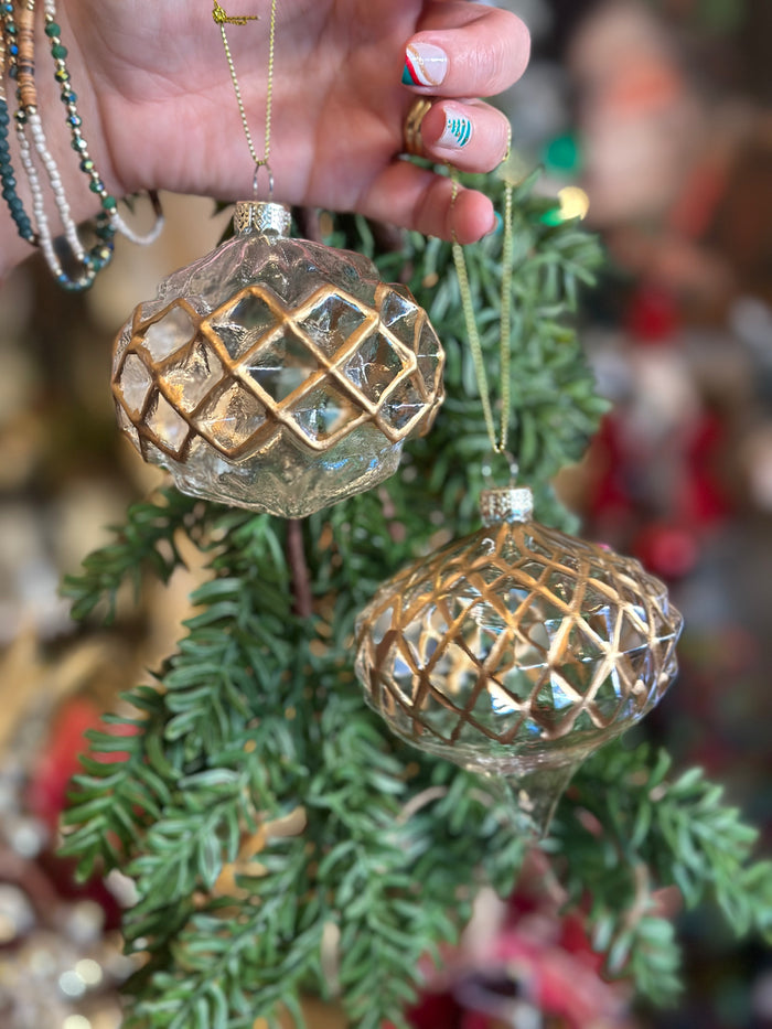 Clear and Gold Set of 2 Glass Diamond Pattern Ornaments