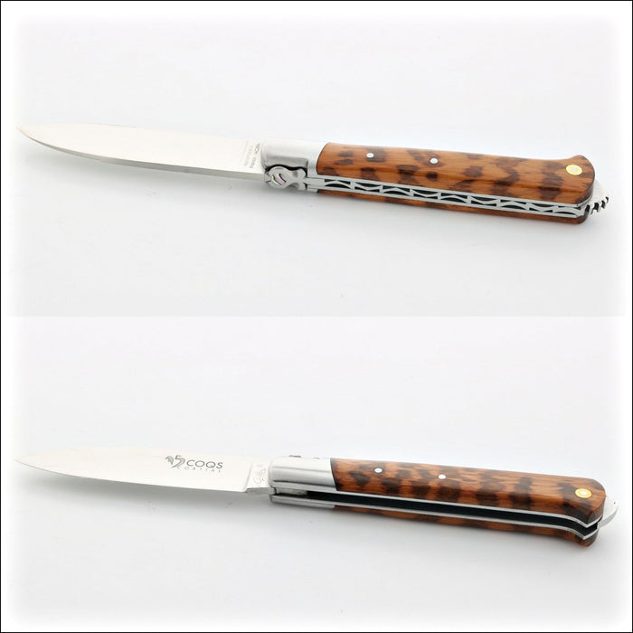 5 Coqs Pocket Knife, close-up side view of Amourette & Mother of Pearl inlay handle. Handcrafted details, 100% Made in France.