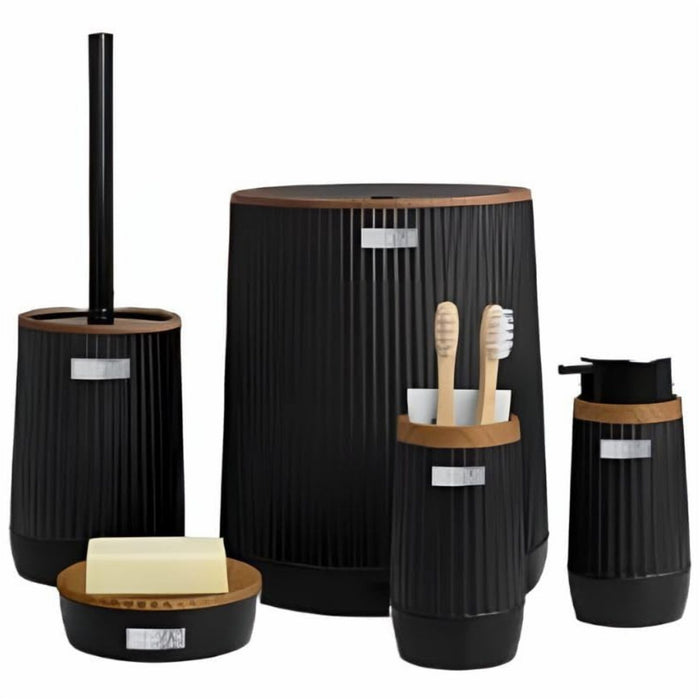 5 Piece Bathroom Set, Wooden Lid Bin 21x25 cm & Toilet Brush