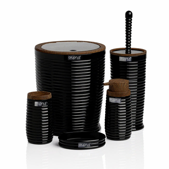 5 Piece Black Bathroom Accessories Set with Wood Grain Ring Lid