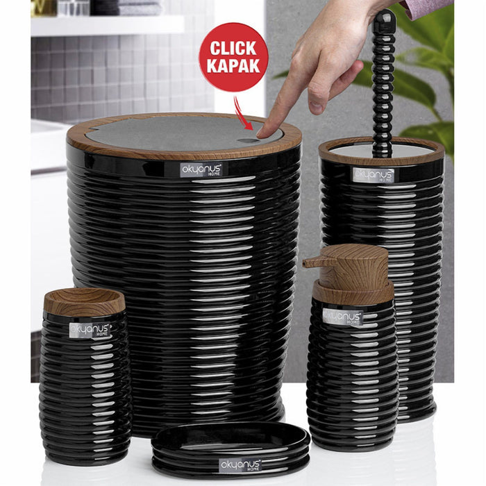 5 Piece Black Bathroom Accessories Set with Wood Grain Ring Lid