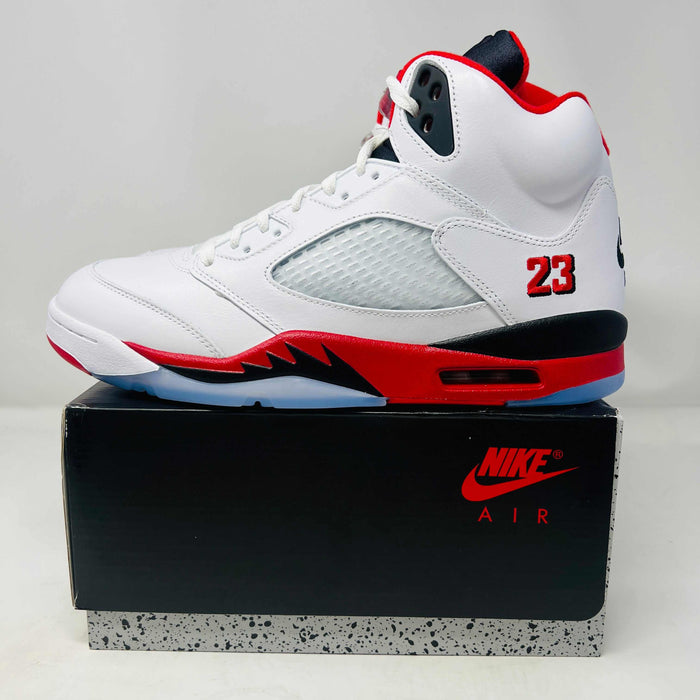Jordan 5 Retro Fire Red Black Tongue 2025 sneaker on Nike Air box in white, red, and black colorway