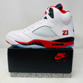 Jordan 5 Retro Fire Red Black Tongue 2025 sneaker on Nike Air box in white, red, and black colorway