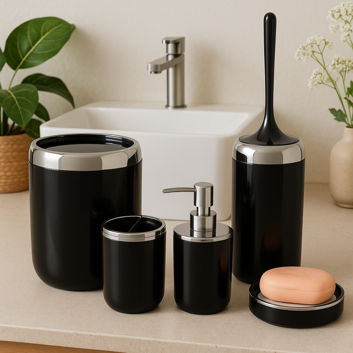 bathroom set contents and components flat lay