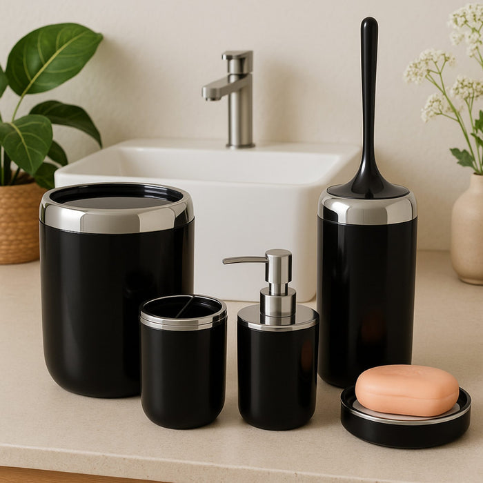 6 L Bin Acrylic 5 Piece Bathroom Set, Black with Silver Ring