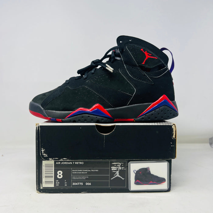 Jordan 7 Retro Raptors 2002 black and red sneaker on original box with worn condition and cracked back tabs