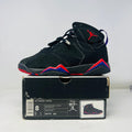 Jordan 7 Retro Raptors 2002 black and red sneaker on original box with worn condition and cracked back tabs