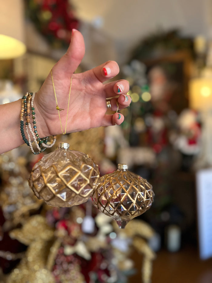 Clear and Gold Set of 2 Glass Diamond Pattern Ornaments