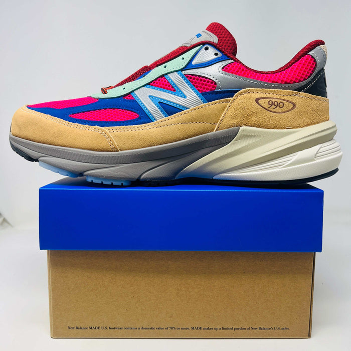 New Balance 990v6 sneaker in multicolor with suede and mesh upper on blue box