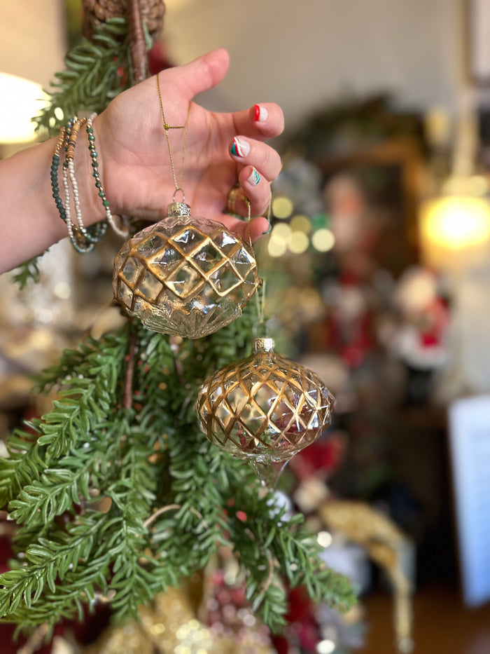 Clear and Gold Set of 2 Glass Diamond Pattern Ornaments