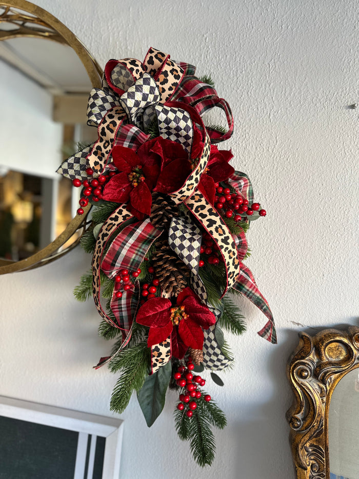 Harlequin, Leopard, and Plaid Red Poinsettia Swag