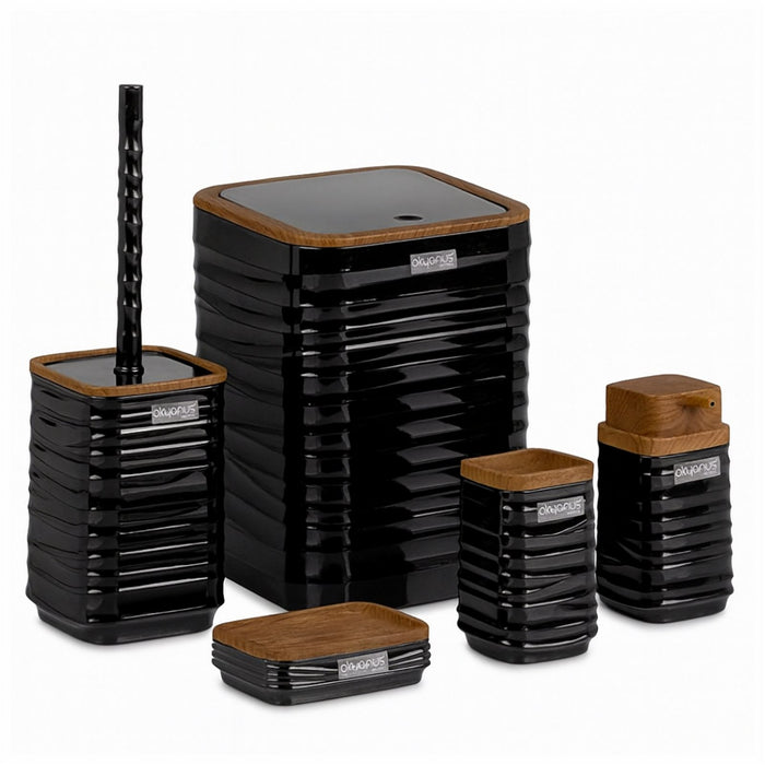 Acrylic 5 Piece Bathroom Set with Wooden Lid Covered Bin