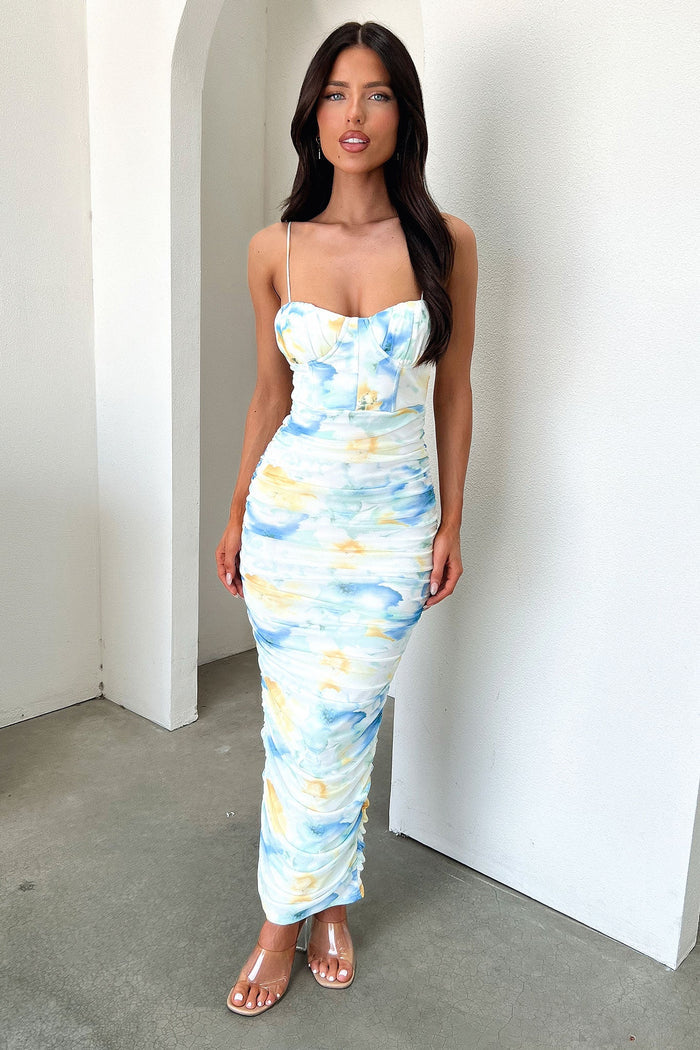 Alberta Ruched Maxi Dress - Blue/Yellow Floral