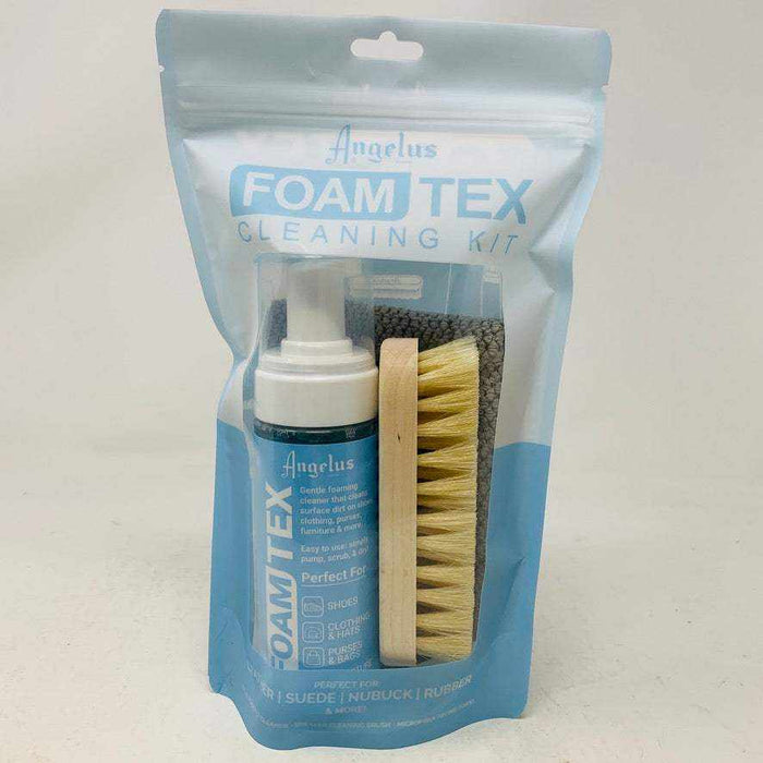 Angelus Foam-Tex Cleaning Kit with foam cleaner, brush, and microfiber towel for sneaker care