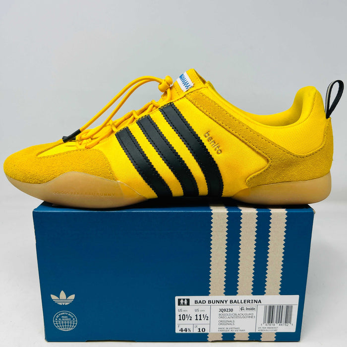 adidas Ballerina Bad Bunny Bold Gold yellow sneaker with black stripes on blue shoe box