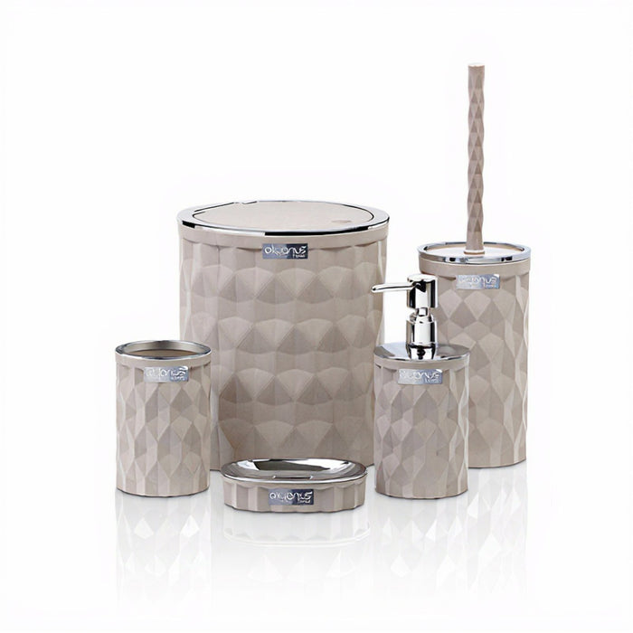 Beige Plastic 5 Piece Bathroom Set with Chrome Trim Accents