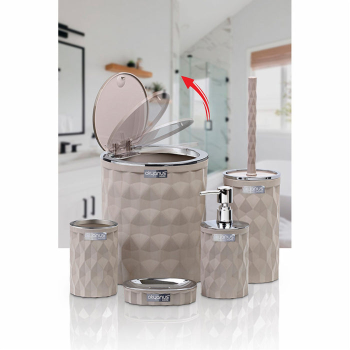 Beige Plastic 5 Piece Bathroom Set with Chrome Trim Accents