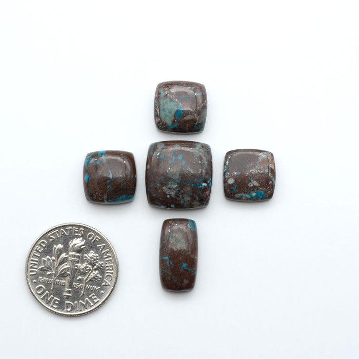 Five brown beads with blue specks next to a U.S. dime on a white background Rare Bisbee Turquoise cabochons with rich blue color and classic brown matrix. Perfect for jewelry makers, collectors, and lovers of fine American turquoise.