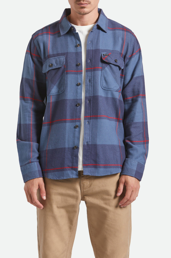 Men's Bowery Flannel in the color Bering Sea/Mood Indigo/Adrenaline Rush - Men's Front View