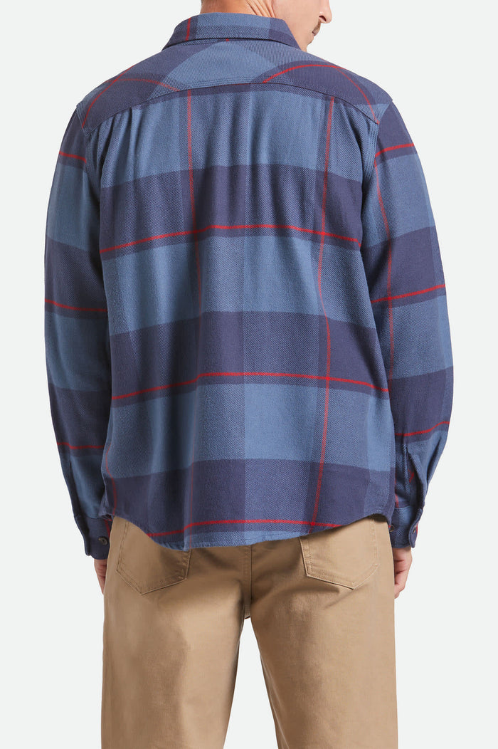 Men's Bowery Flannel in the color Bering Sea/Mood Indigo/Adrenaline Rush - Men's Back View